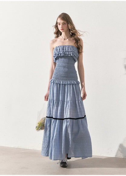 "Twilight Verses" Misty Blue Smocked Ruffle Maxi Dress