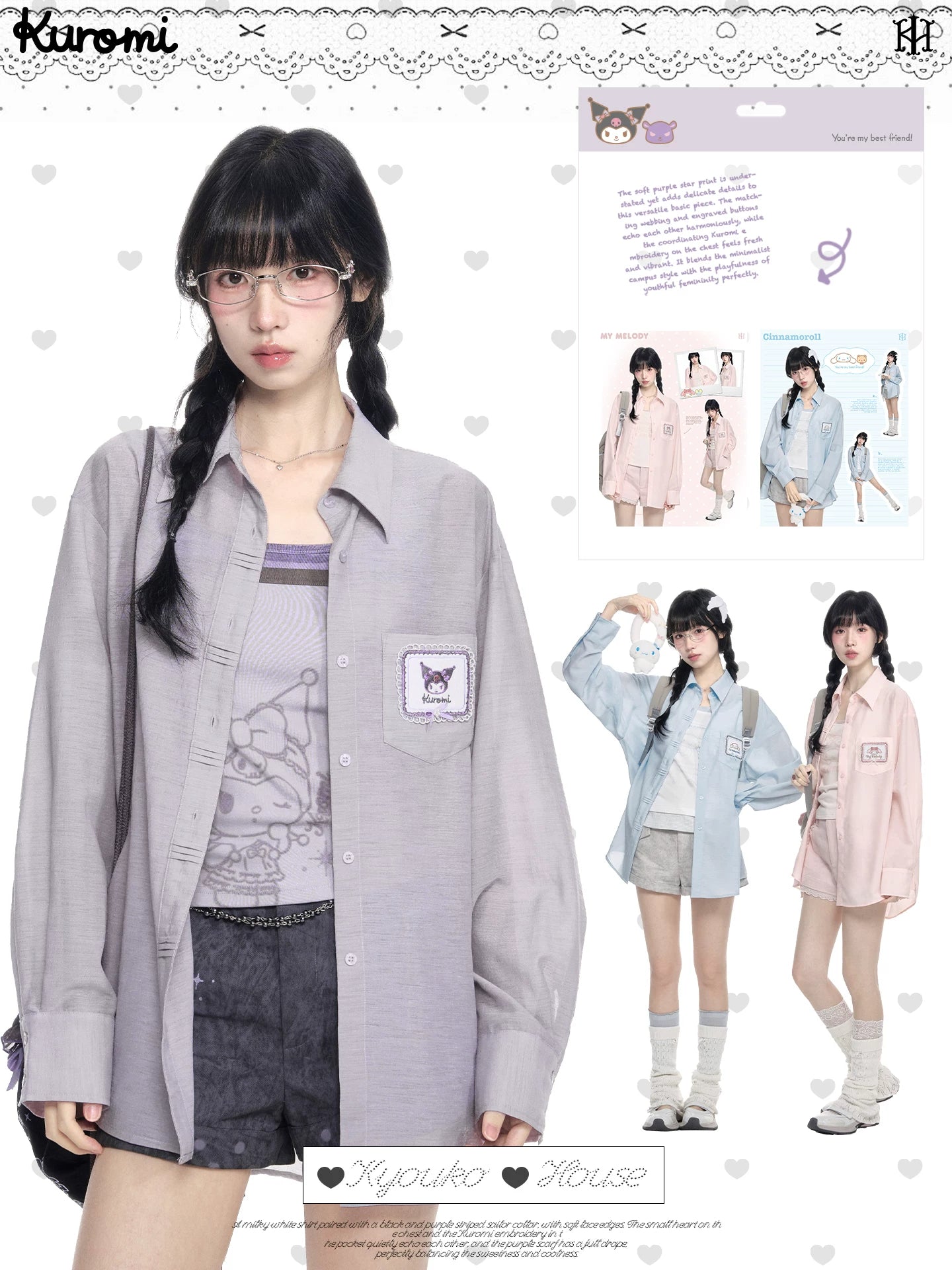 170726K "Campus Icons" Gray Purple Relaxed Polo Overshirt (Kuromi / My Melody / Cinnamoroll)