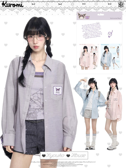 170726K "Campus Icons" Gray Purple Relaxed Polo Overshirt (Kuromi / My Melody / Cinnamoroll)