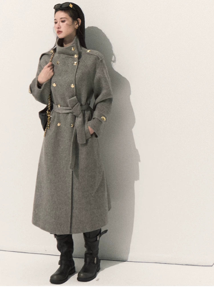 OAKMOO/ Pure Wool Belted Double-Faced Stand Collar Coat (Silver Blue / Flint Gray)
