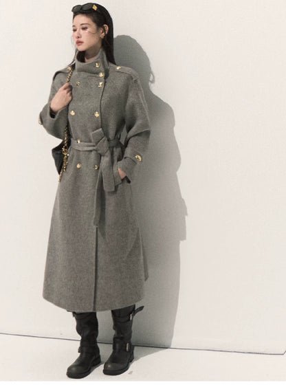 OAKMOO/ Pure Wool Belted Double-Faced Stand Collar Coat (Silver Blue / Flint Gray)