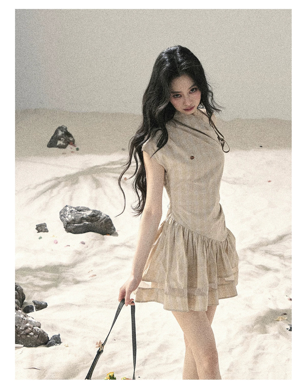 "Traces Left by the Wind" Sand Beige Off-Shoulder Plaid Puff Mini Dress