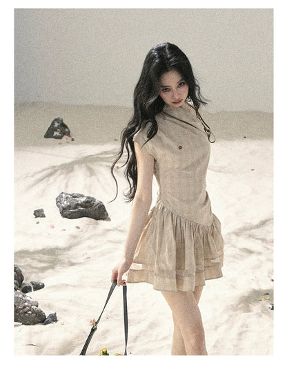 "Traces Left by the Wind" Sand Beige Off-Shoulder Plaid Puff Mini Dress