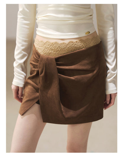 170726  "The Gentle Evening Breeze" Roasted Pecan Lace-Trim Faux Layered Wrap Mini Skirt