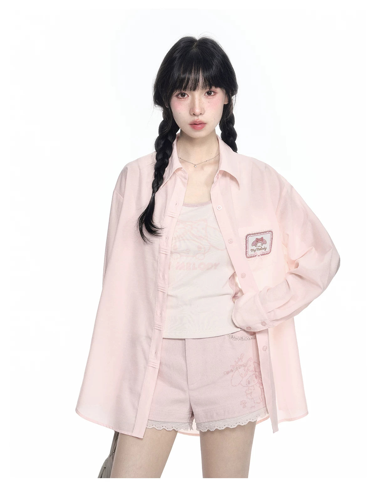 170726K "Campus Icons" Gray Purple Relaxed Polo Overshirt (Kuromi / My Melody / Cinnamoroll)