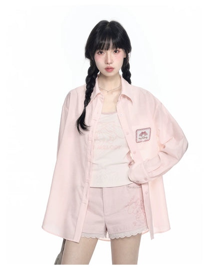 170726K "Campus Icons" Gray Purple Relaxed Polo Overshirt (Kuromi / My Melody / Cinnamoroll)