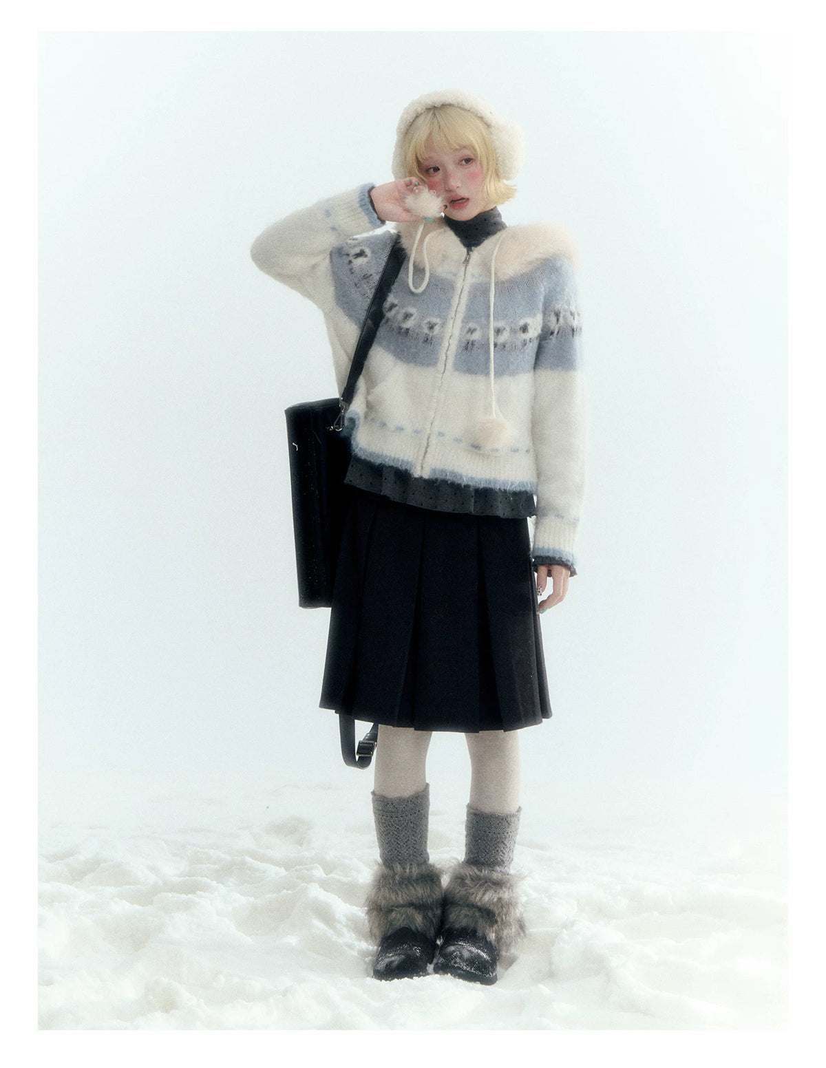 Horridale - Ice Blue White Sheep Jacquard Hooded Knit Cardigan