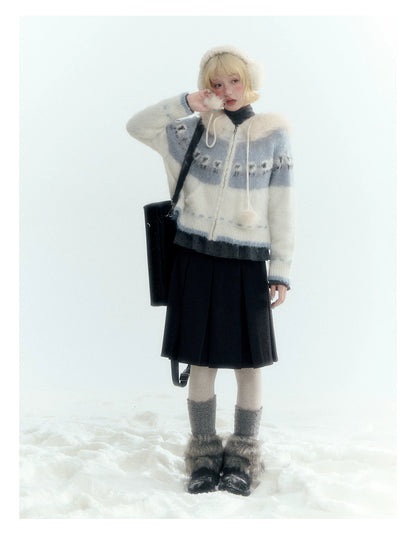 Horridale - Ice Blue White Sheep Jacquard Hooded Knit Cardigan