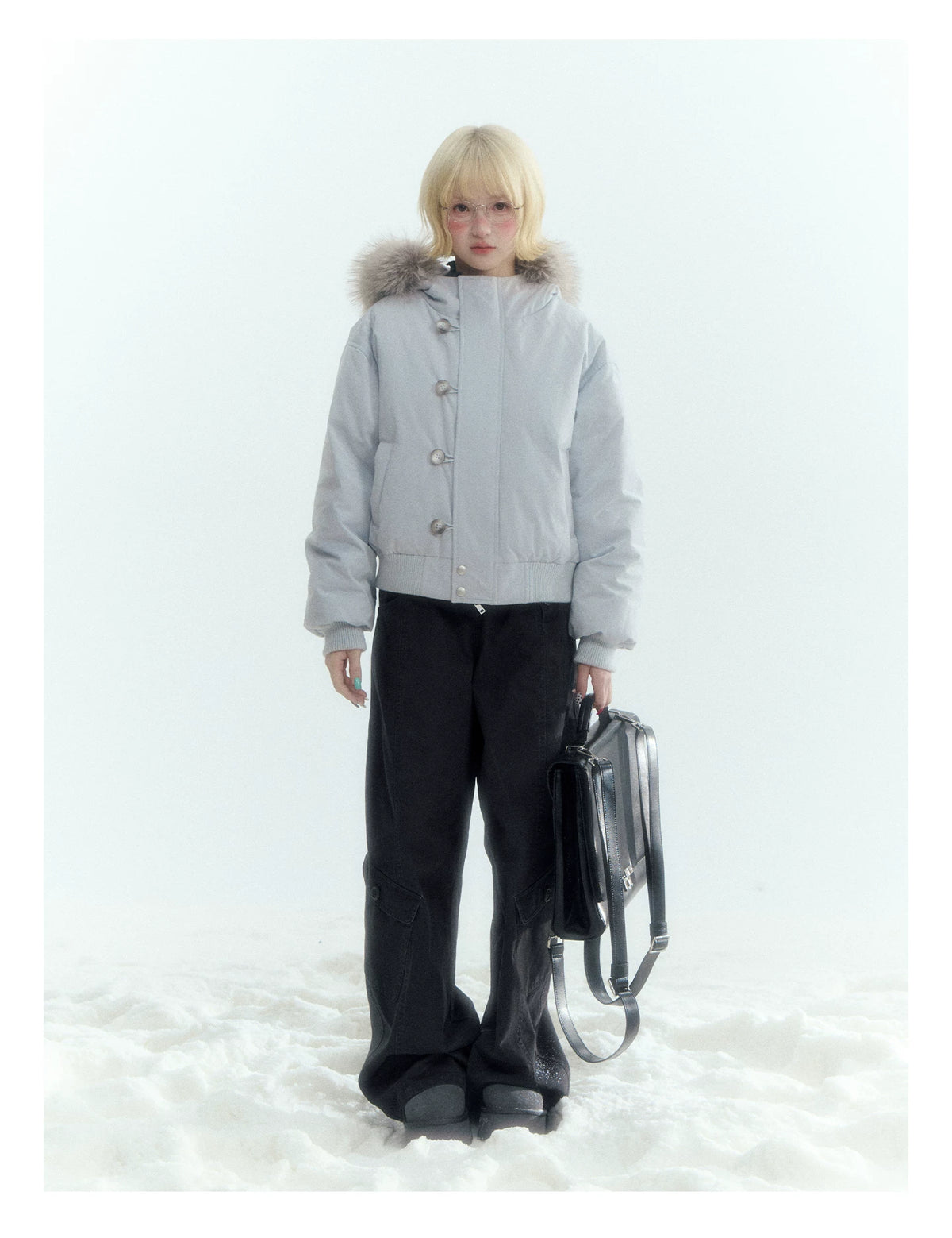 Horridale - Mist Blue Hooded Down Jacket with Detachable Faux Fur Collar