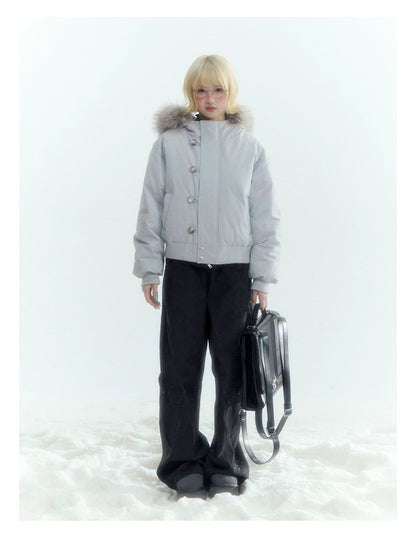 Horridale - Mist Blue Hooded Down Jacket with Detachable Faux Fur Collar