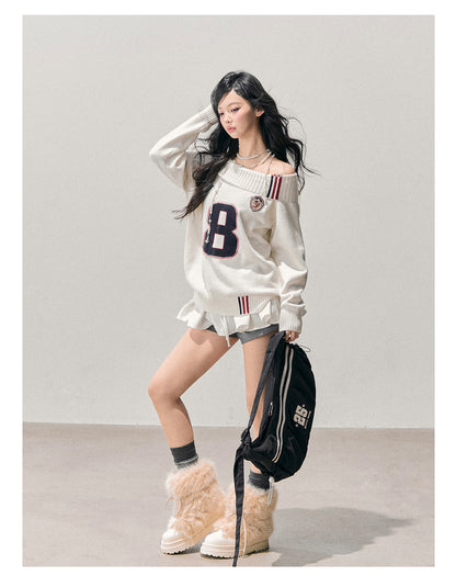 少也眼 “Frost-White Wallcorners” Off-Shoulder Knit Sweater