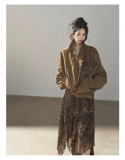 AOMALM - “Acorn & Fallen Leaves” Korean Leopard Print Chestnut Brown Faux Suede Jacket