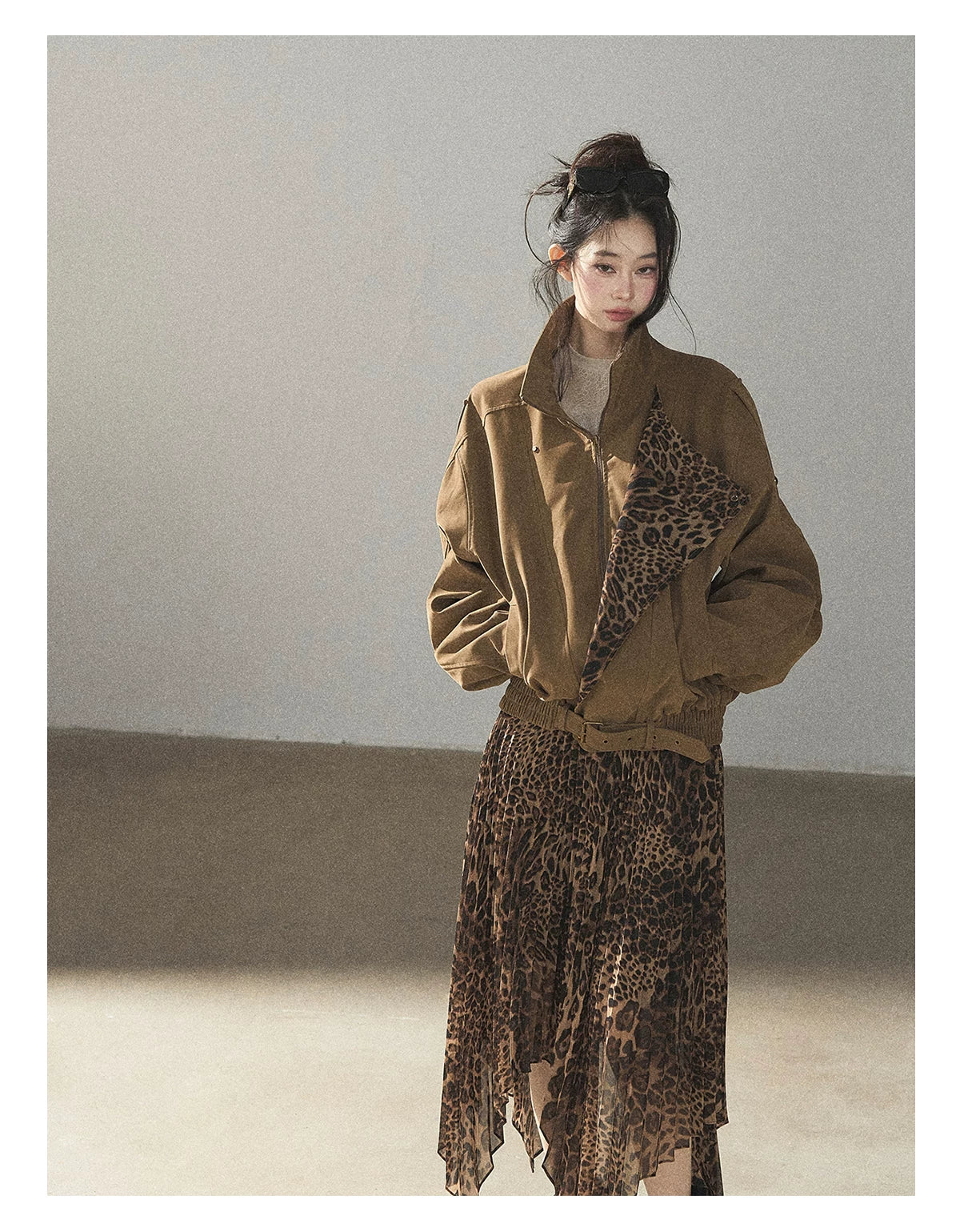 AOMALM - “Cocoa Leopard” Pleated Asymmetric Midi Skirt