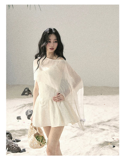 "Veiled in Mist" Cream Apricot Puff Mini Dress & Chiffon Shawl Set 5348
