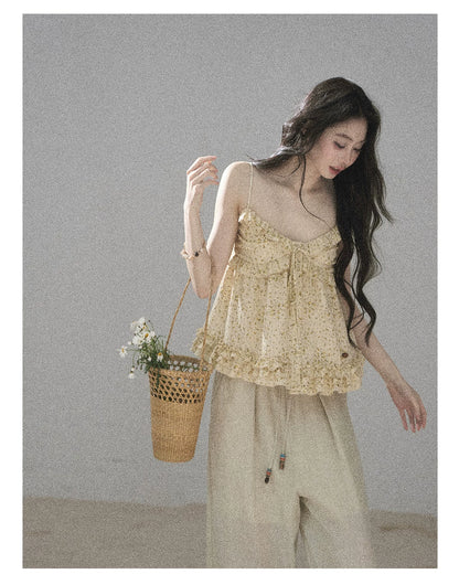"Her Little Daisy" Milkshake Yellow Floral Ruffle Cami Top