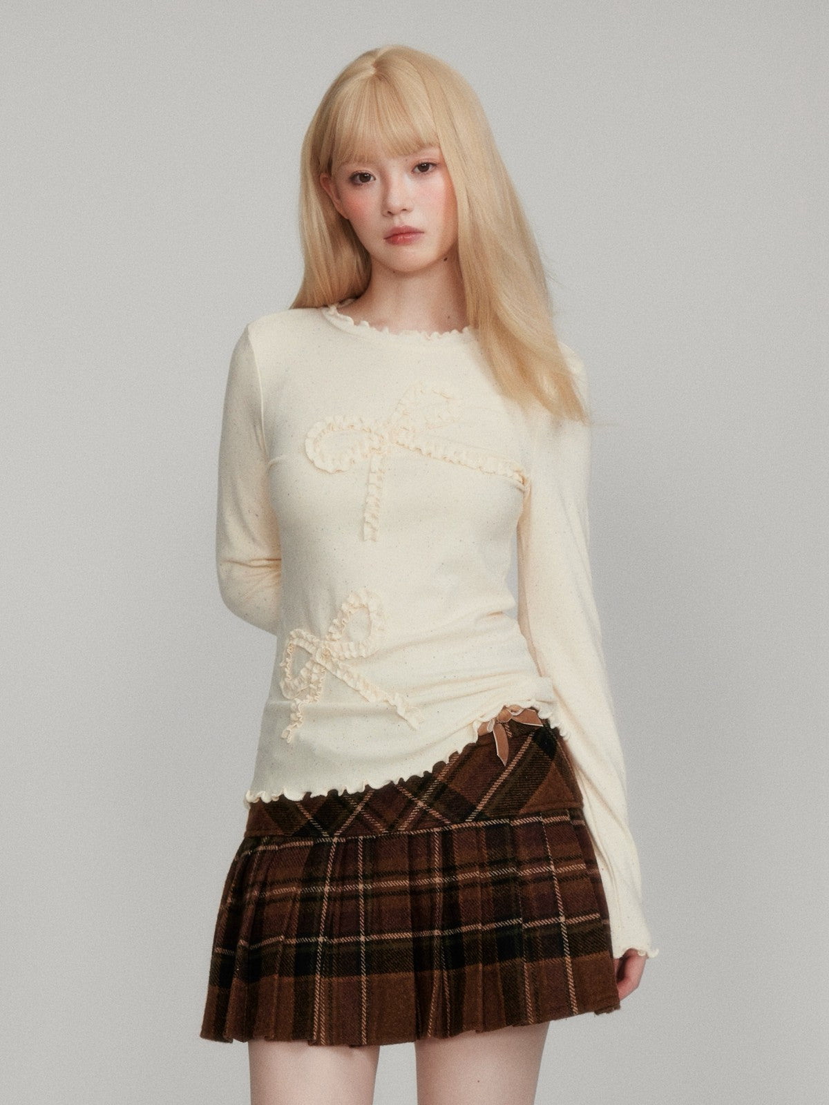 “Cozy Winter Speckled Bow” Lenzing Lyocell Long-Sleeve Base Top - Apricot Yellow M6669