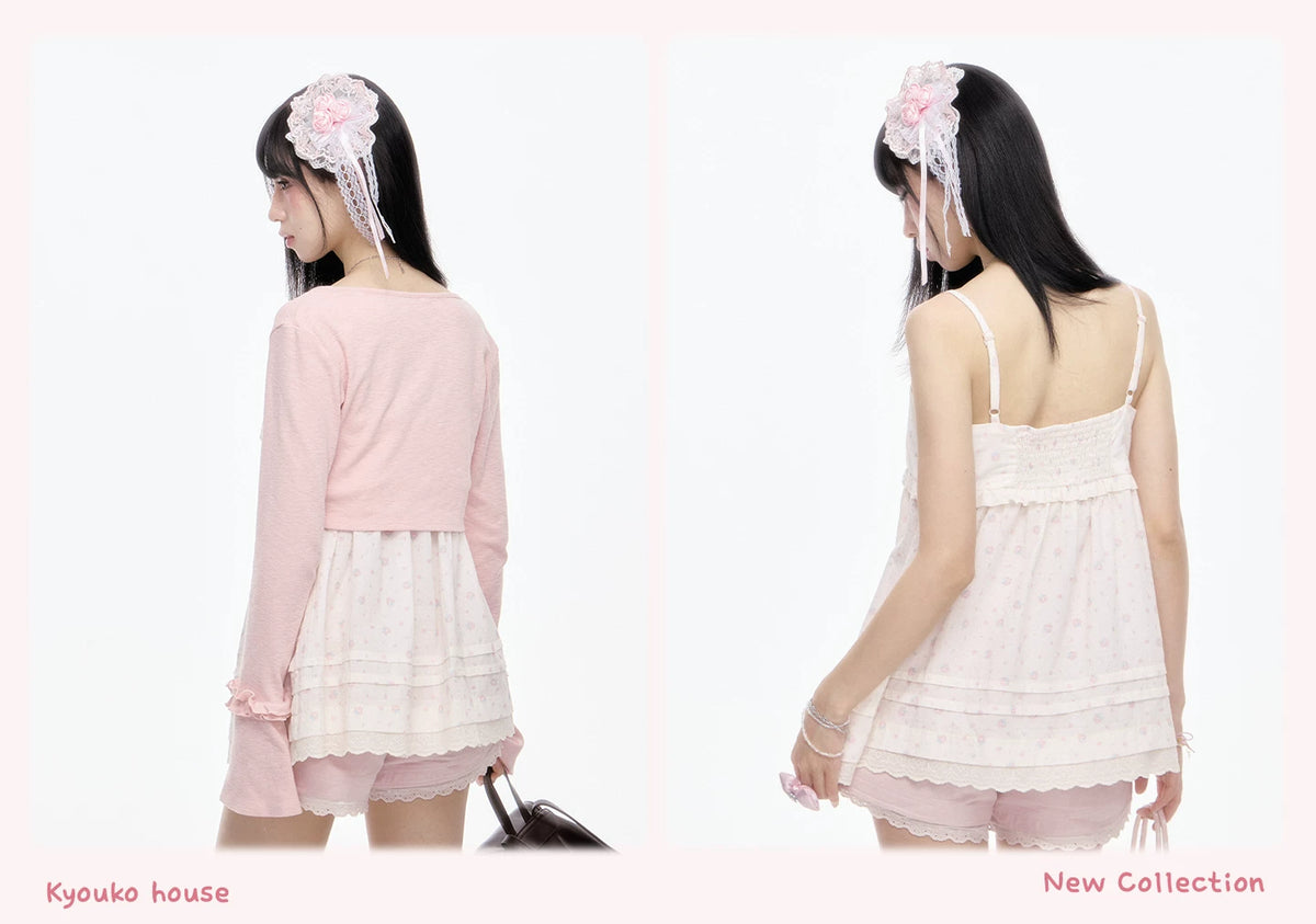 “Melody Blush Garden” Pink Knit Cardigan & Floral Cami Set