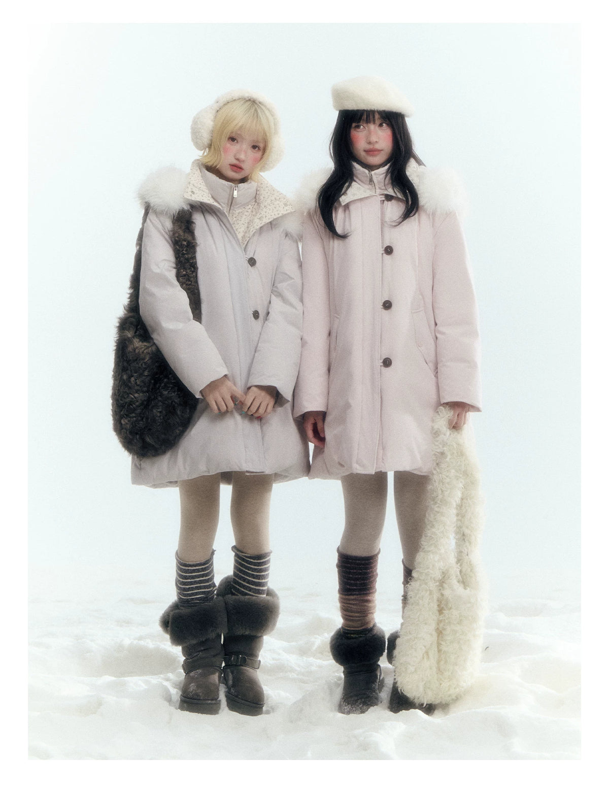 Horridale - Snow-Dusted Floral 90% White Duck Down Puffer Jacket (Light Peach Pink / Silver Gray)