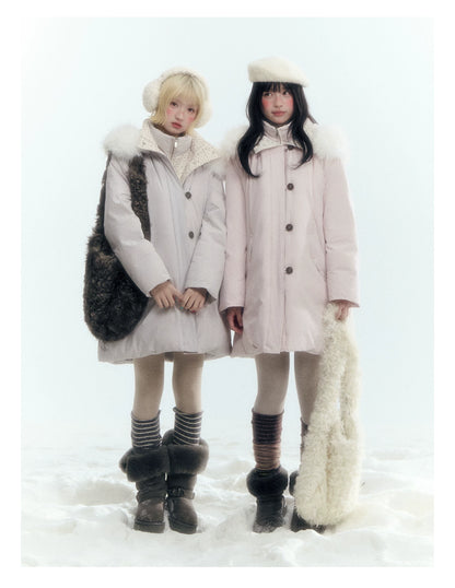 Horridale - Snow-Dusted Floral 90% White Duck Down Puffer Jacket (Light Peach Pink / Silver Gray)