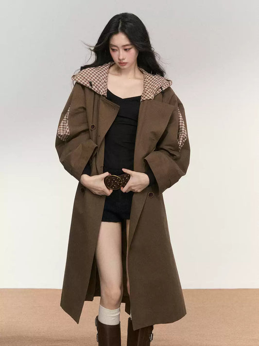JN's DESIGN - Vintage Plaid Panel Hooded Trench Coat