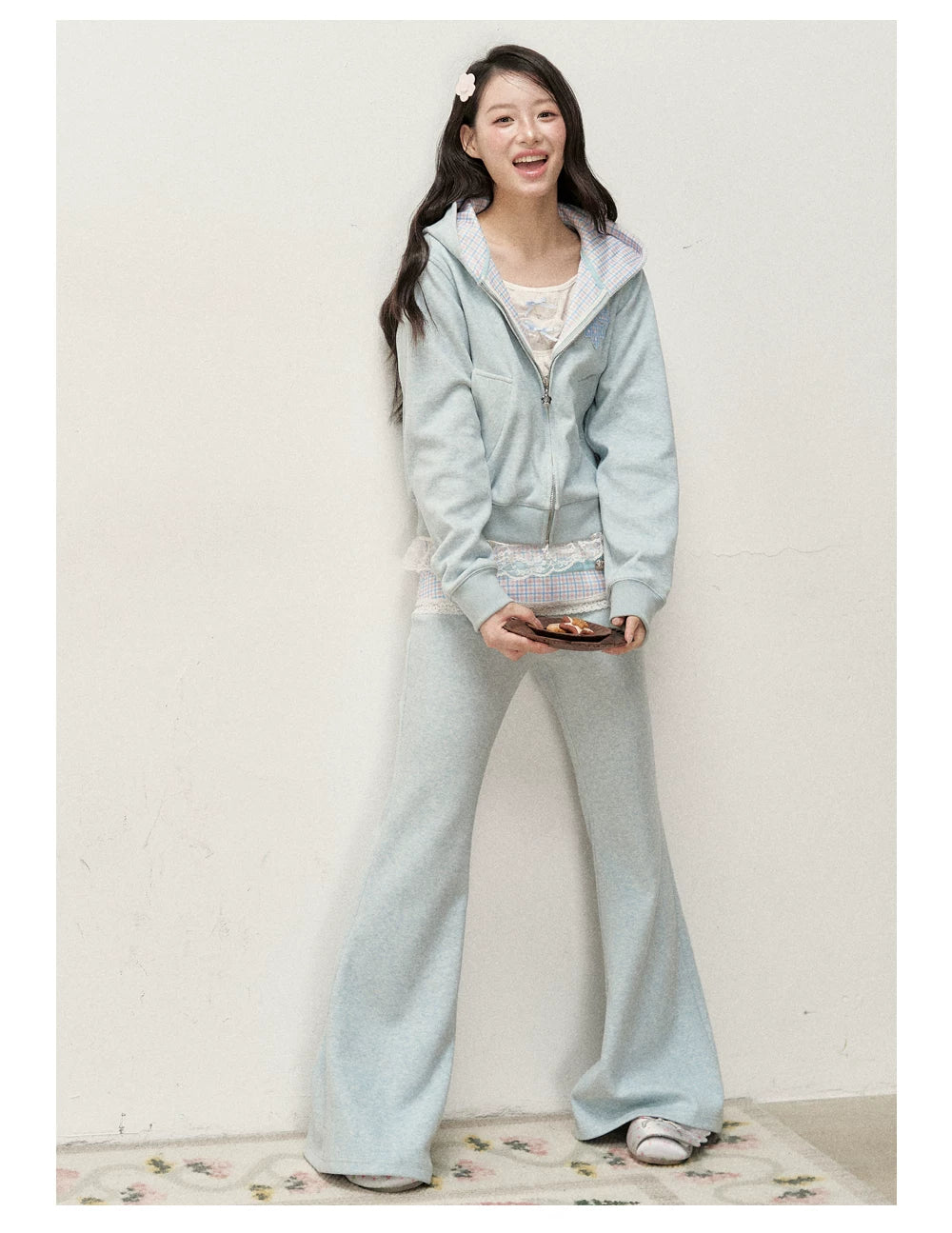 [RF] Soft Gingham Color-Block Hoodie and Flare Pants Set (Blue / Mauve)