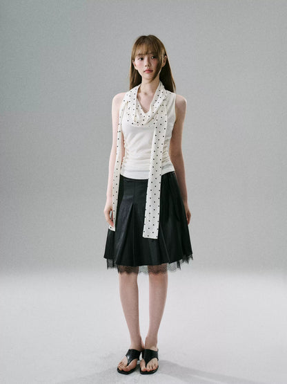 LOST FOREST - Satin Lace Midi Skirt with Bow Detail (Red-Brown / Deep Black)