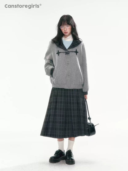 [CAN] Navy Plaid Pleated A-Line Midi Skirt