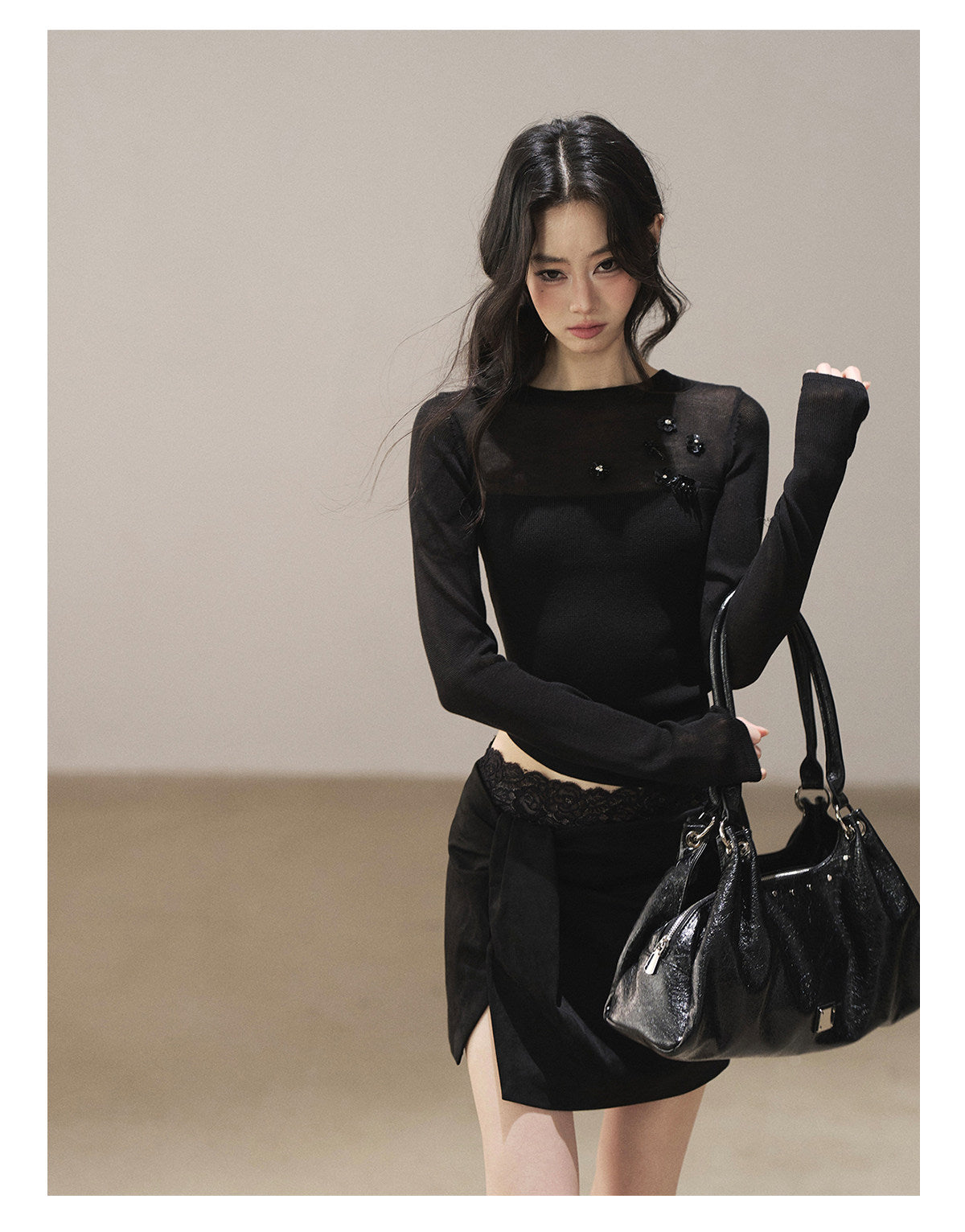 170726 "Hidden Between Light and Shadow" Tranquil Black Sheer Layered Knit Top