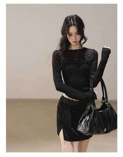170726 "Hidden Between Light and Shadow" Tranquil Black Sheer Layered Knit Top