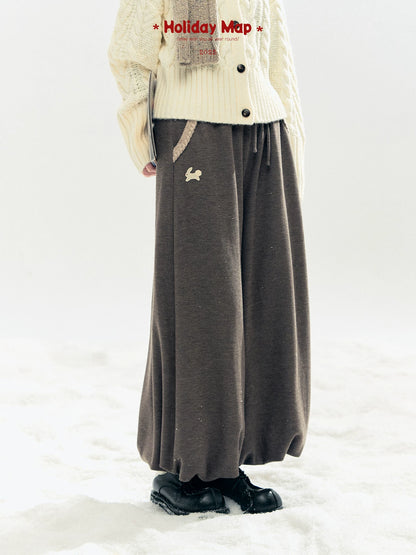 "Bunny Tea Party" Fleece-Lined Balloon Wide-Leg Pants (Hazelnut Brown/ Midnight Gray)