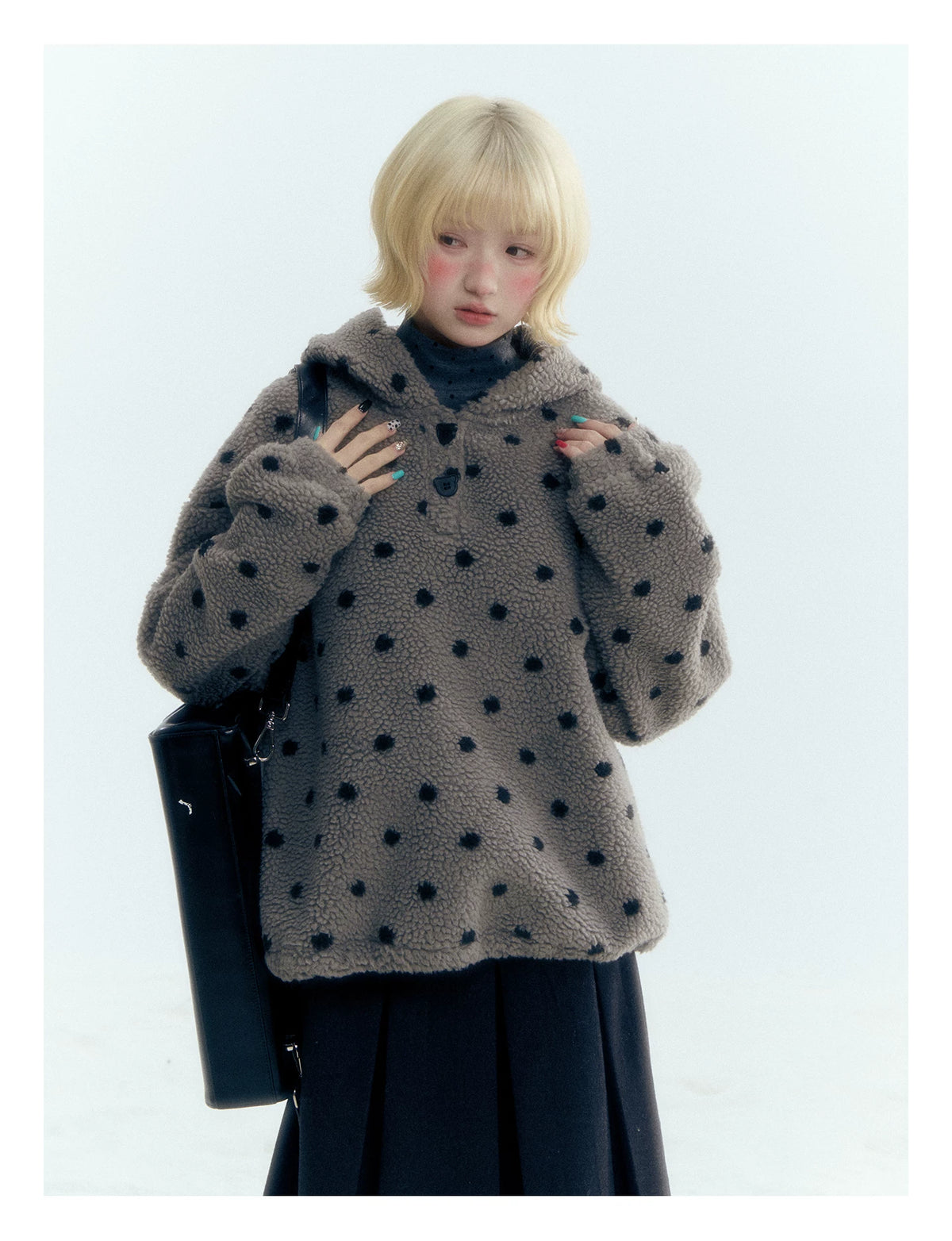 Horridale - Dark Gray Polka Dot Mock Neck Layering Top with Ruffle Hem