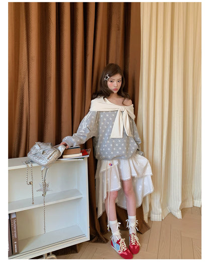 “Starlit Ribbon Reverie” Grey Off-Shoulder Hoodie
