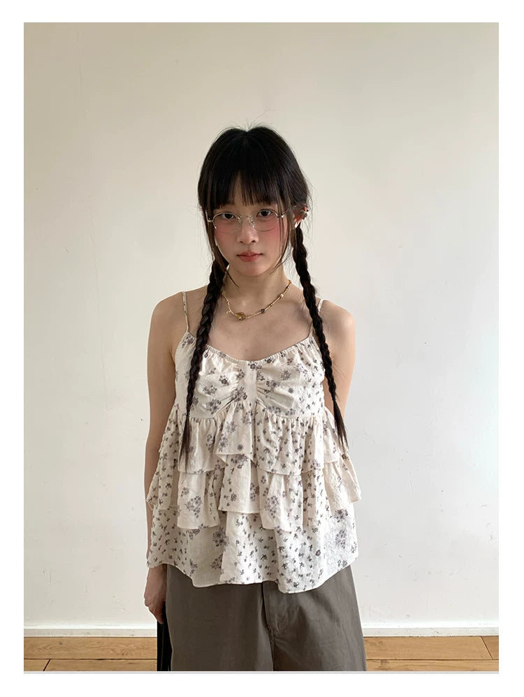 "Among the Blossoms" Soft Gray Floral Cotton Ruffle Cami Top
