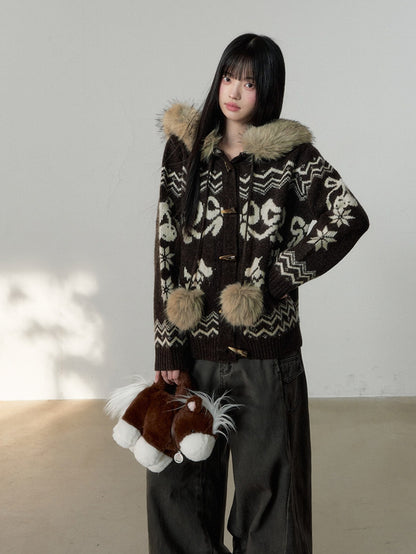 Soote Season - Fair Isle Cream Hooded Toggle Knit Jacket - Deep Roast Brown