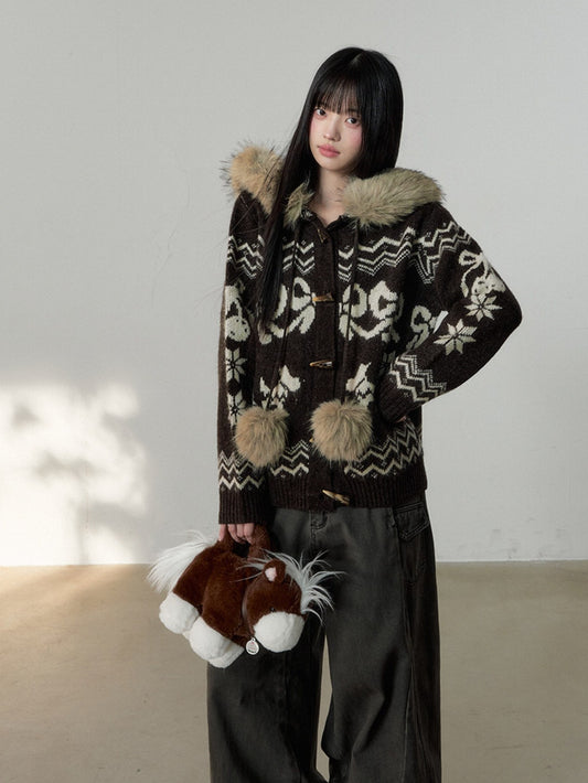 Soote Season - Fair Isle Cream Hooded Toggle Knit Jacket - Deep Roast Brown