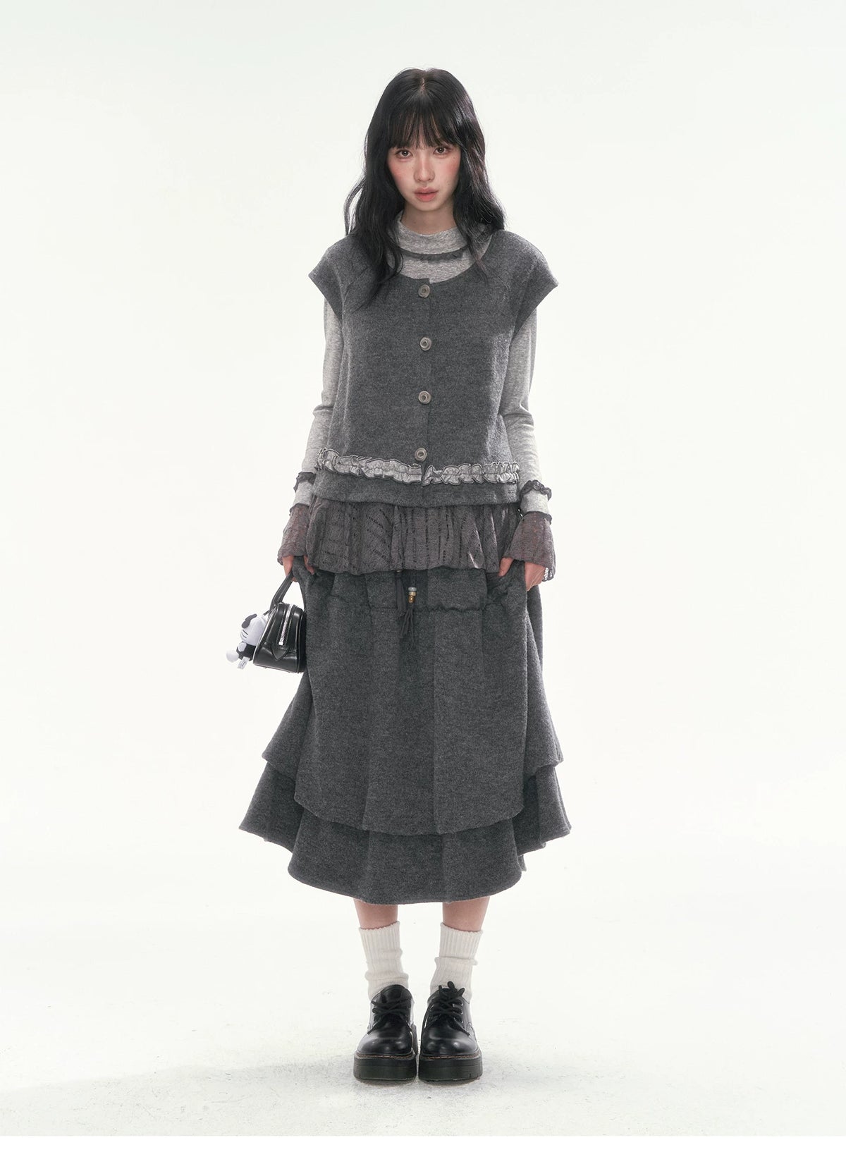 [CAN] Dark Gray Tiered Wool-Blend Midi Skirt