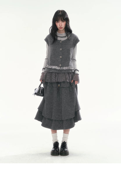 [CAN] Dark Gray Tiered Wool-Blend Midi Skirt