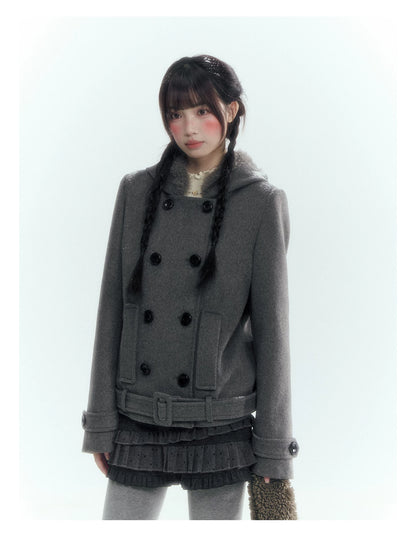 Horridale - Dark Gray Double-Breasted Hooded Wool Blend Coat