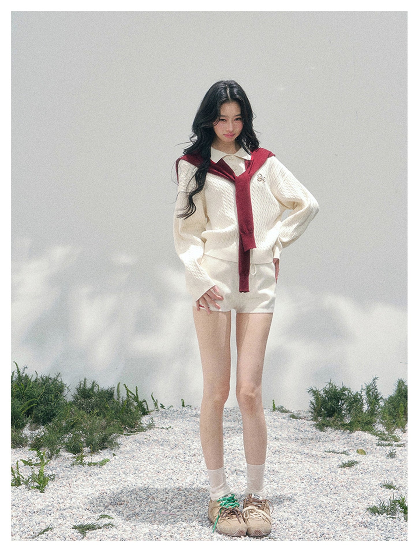 少也眼 “Campus Muse” Apricot Preppy Three-Piece Knit Set 6785654