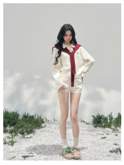 少也眼 “Campus Muse” Apricot Preppy Three-Piece Knit Set 6785654