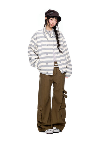 EZEK | Striped Asymmetrical Collar Cardigan Sweatshirt with Double-Breasted Buttons