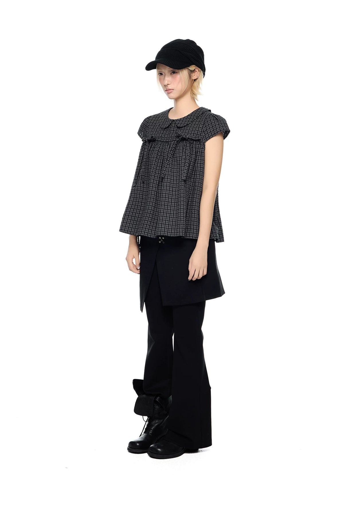 EZEK | Peter Pan Collar Gingham Shirt with Bubble Sleeves
