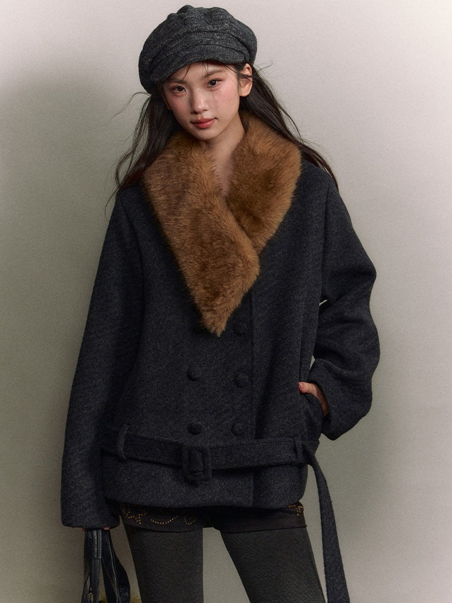 Soote Season - “Retro Twill Grace” Asymmetrical Faux Fur Collar Double-Breasted Wool Coat
