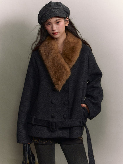 Soote Season - “Retro Twill Grace” Asymmetrical Faux Fur Collar Double-Breasted Wool Coat