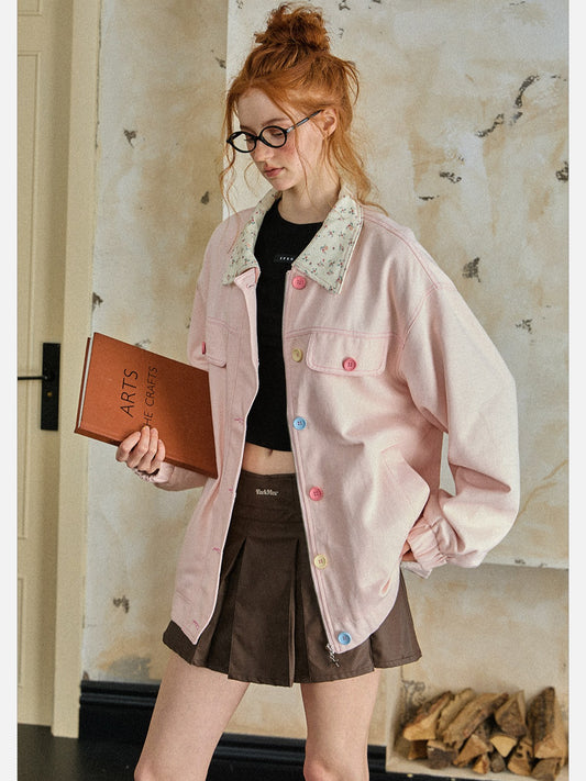 EZEK - Retro Floral Collar Oversized Denim Jacket