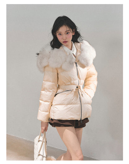 少也眼 “Snowcountry Floating Bridge” Thick Warm Down Jacket with Detachable Fur & Belt 661513