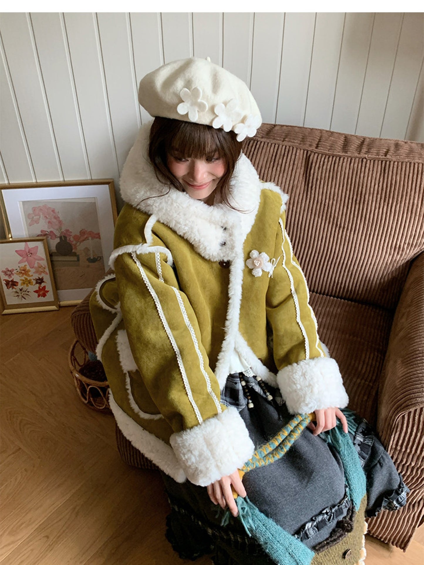 阮阮自制 - Tea Field Olive Green Shearling Jacket