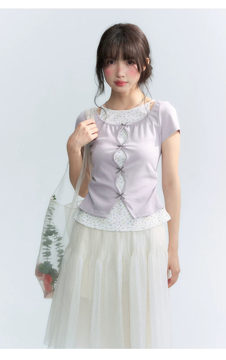 Korean Layered Bow Knit Short Sleeve T-Shirt in Violet