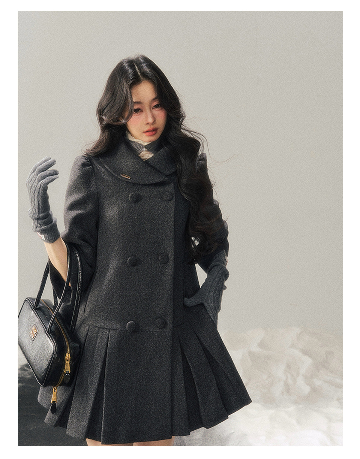 少也眼 "Luxembourg Heiress" Deep Rock Gray Preppy Wool-Blend Mid-Length Coat