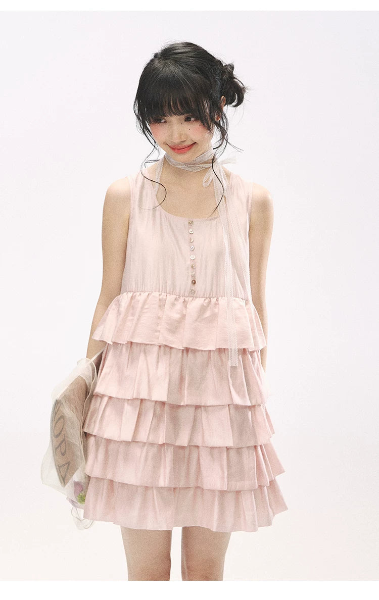 "Misty Pink Reverie" Petal Pink Lace Tie Tiered Sleeveless Dress
